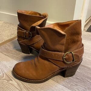 Florentini + Baker Leather Buckle Ankle Boots Heeled Booties Brown Size 37 / 7